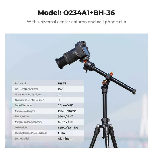 K&F O234A1 76 Inch Travel Tripod with Multi-Angle Centre Column