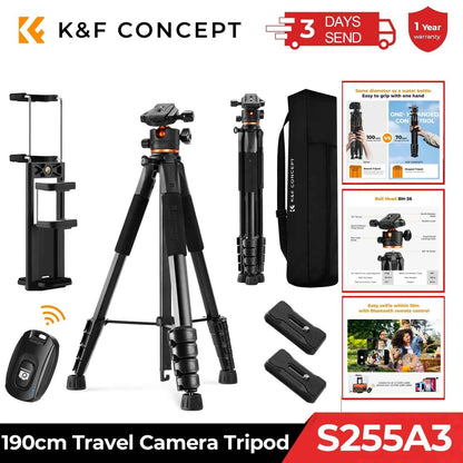 K&F CONCEPT 75 inch/190cm Camera Tripod Lightweight Travel Outdoor DSLR Tripods Cellphone Clip and Remote Control for Smartphone