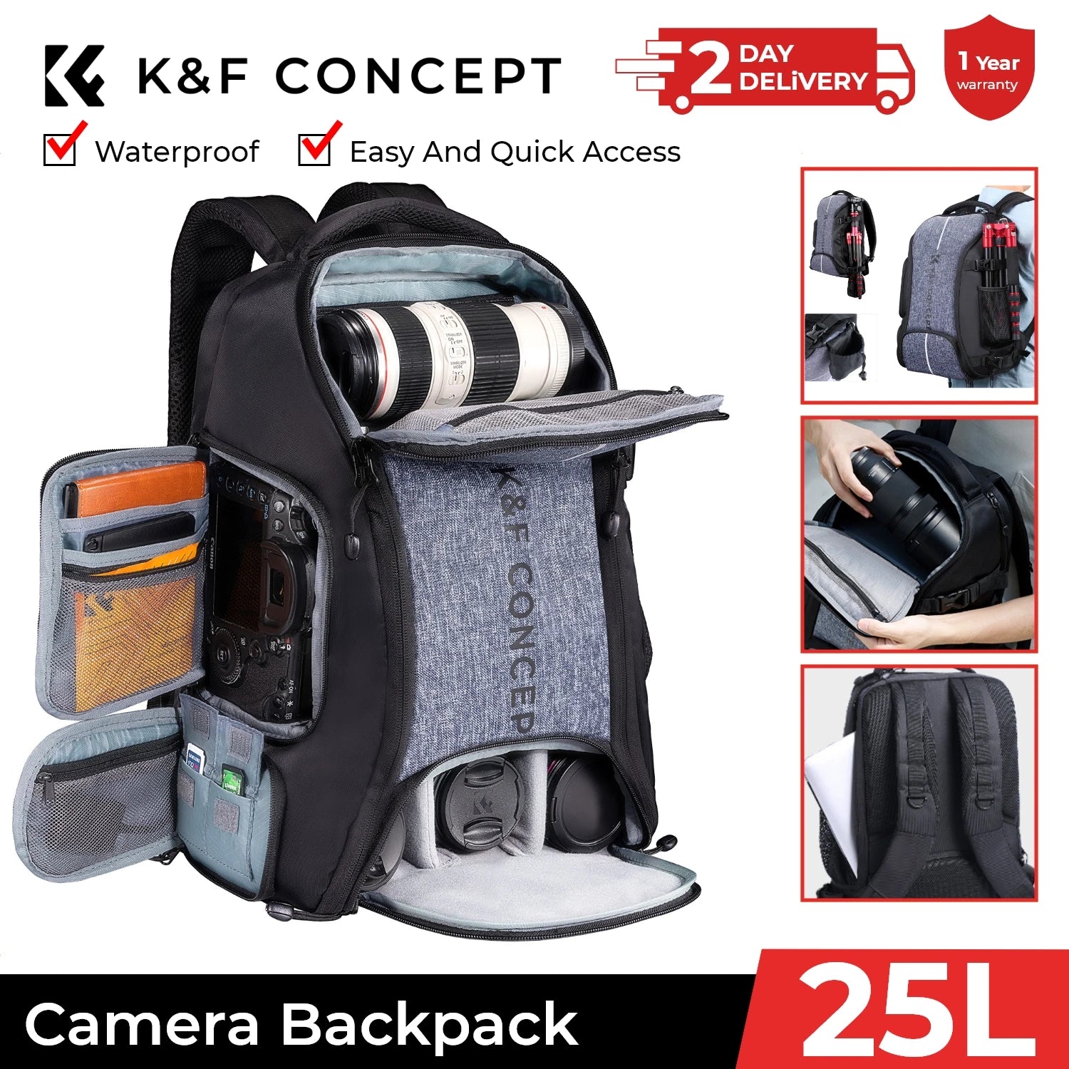 K&F Concept 25L Camera Backpack with Tripod Strap & Rain Cover