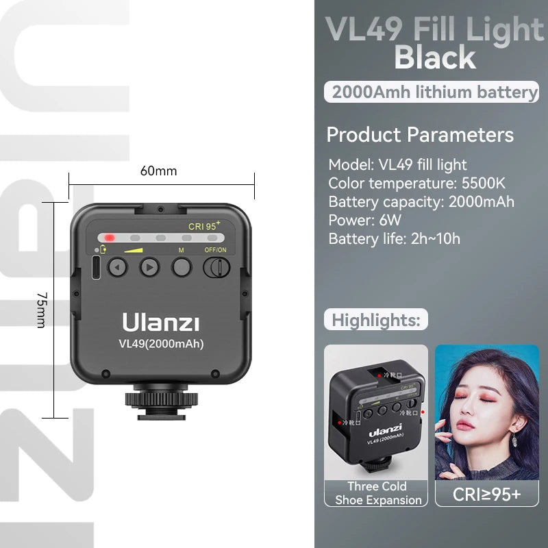 Ulanzi VL49 Mini LED Video Light - 1 Black Clip Kit
