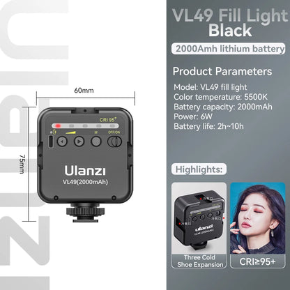 Ulanzi VL49 Mini LED Video Light - 1 Black Clip Kit