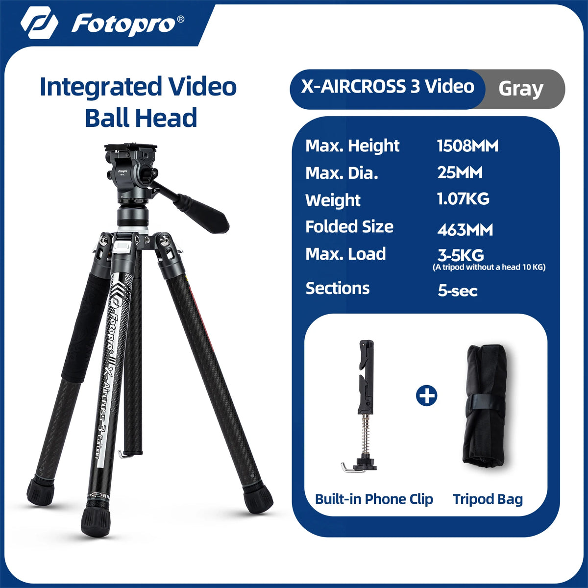 Fotopro X-Aircross 3 Carbon Fibre Travel Tripod