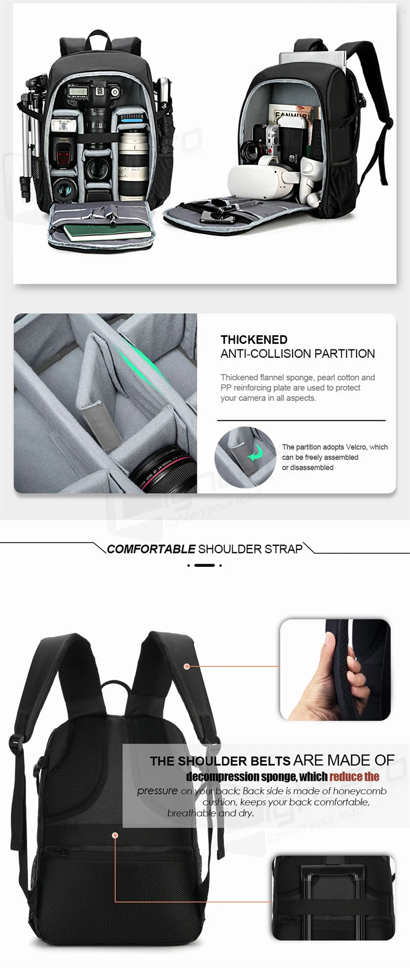 Large Capacity DSLR Camera Backpack with 15.6 Inch Laptop Compartment