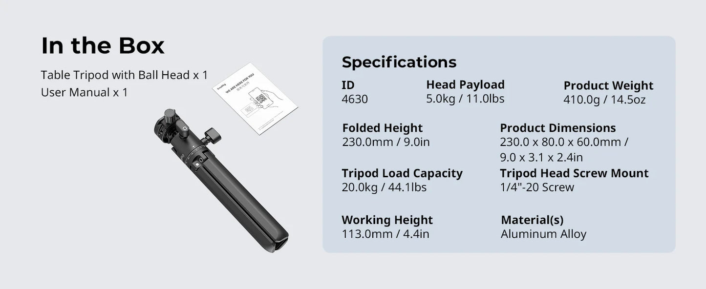 SmallRig 4630 Metal Tabletop Tripod with Arca-Swiss Quick Release Plate