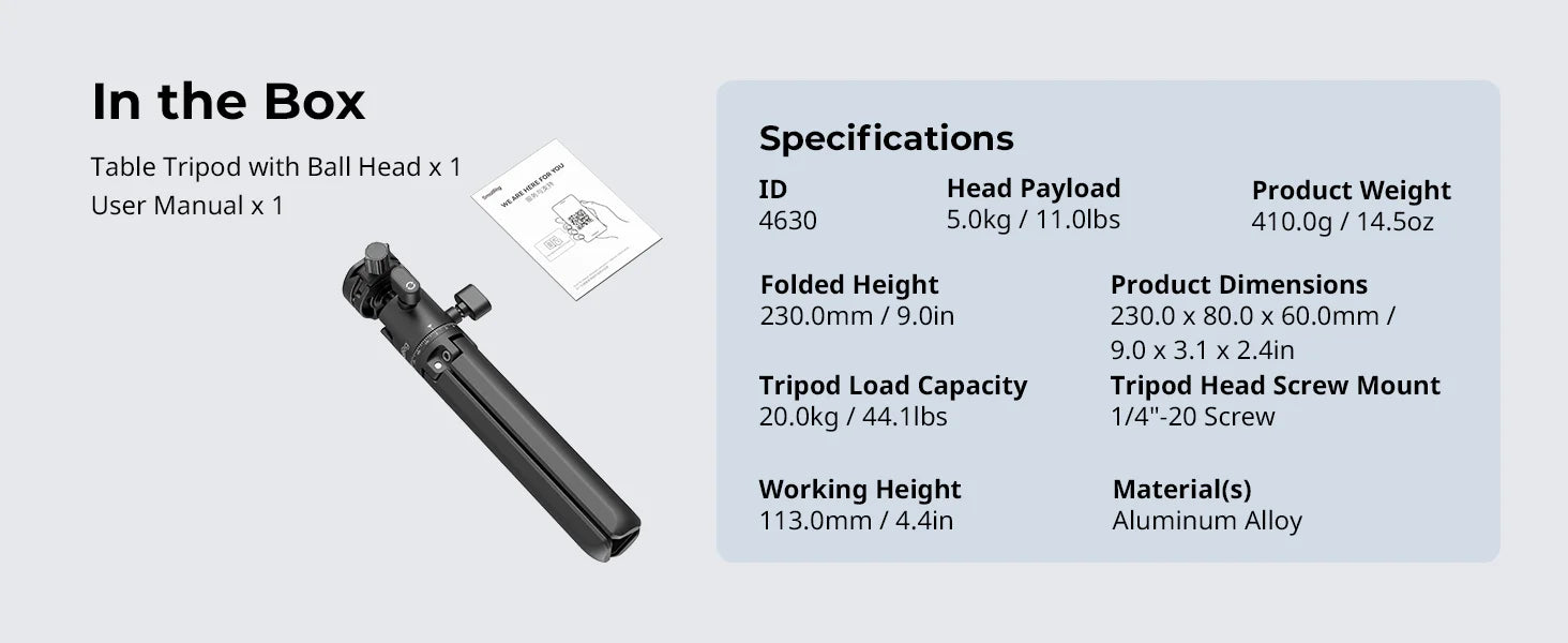 SmallRig 4630 Metal Tabletop Tripod with Arca-Swiss Quick Release Plate