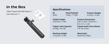 SmallRig 4630 Metal Tabletop Tripod with Arca-Swiss Quick Release Plate