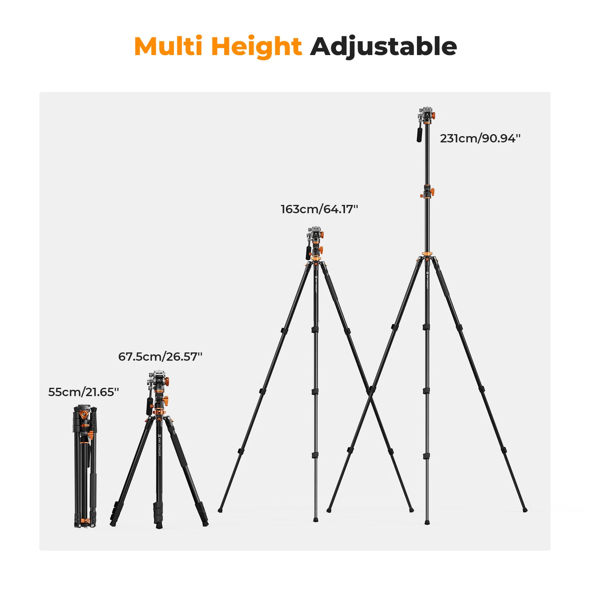 K&F T254A7 231cm Fluid Head Tripod with Transverse Column