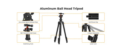 K&F 178cm Aluminium Travel Tripod with Ball Head