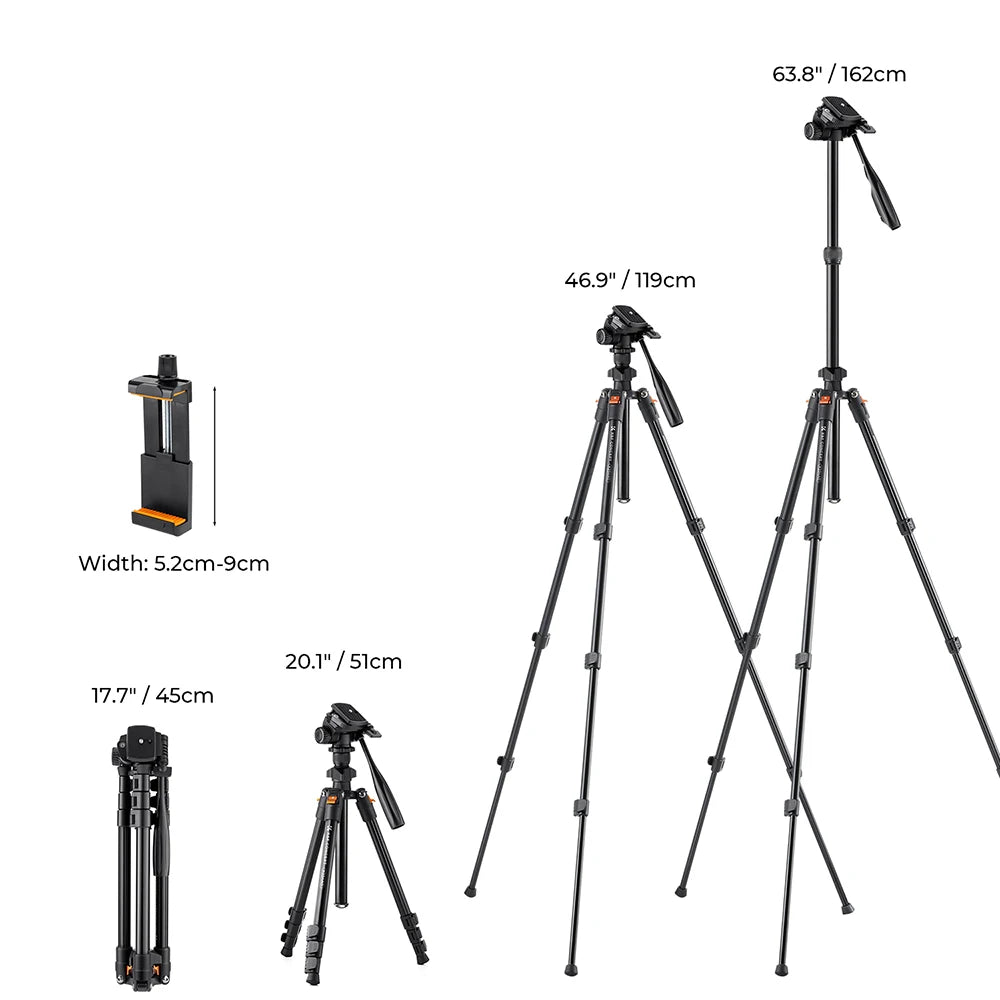 K&F 162cm Aluminium Video Tripod with Phone Holder