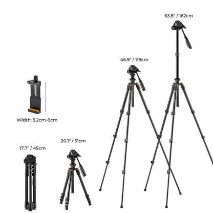 K&F 162cm Aluminium Video Tripod with Phone Holder