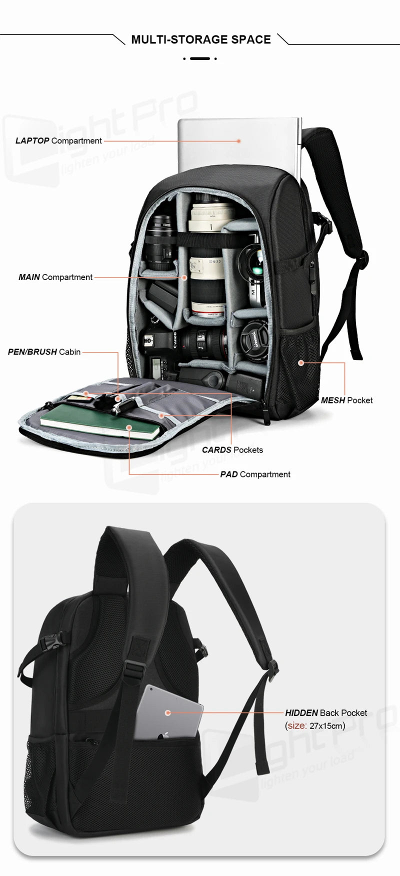 Large Capacity DSLR Camera Backpack with 15.6 Inch Laptop Compartment