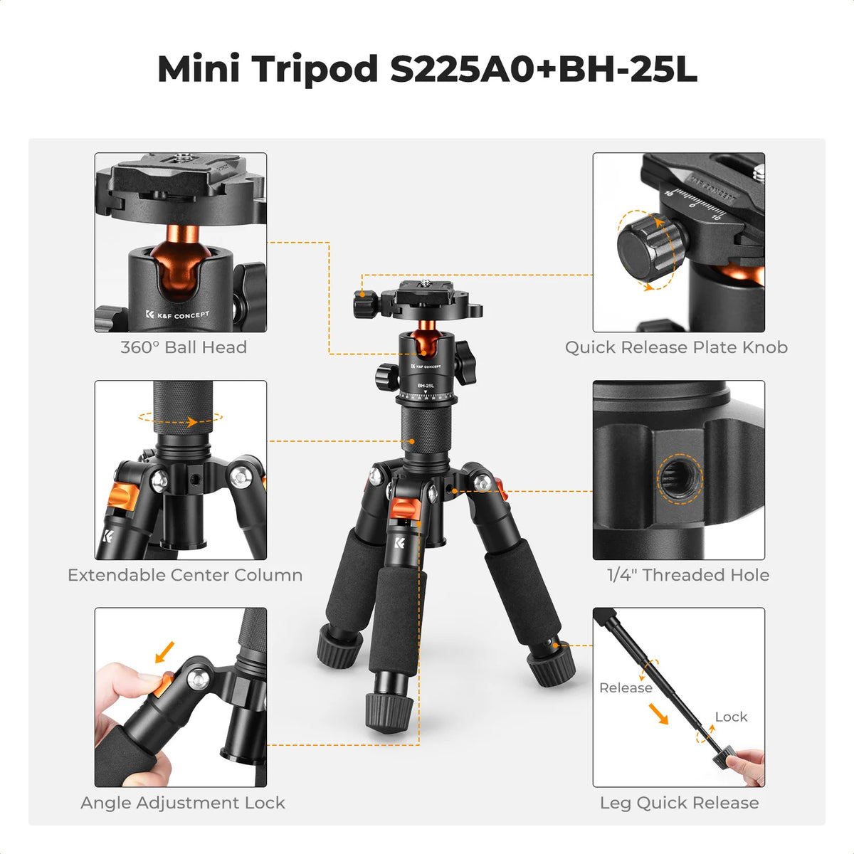 K&F S225A0 52cm Mini Desktop Tripod with Ball Head