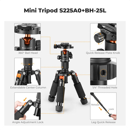 K&F S225A0 52cm Mini Desktop Tripod with Ball Head