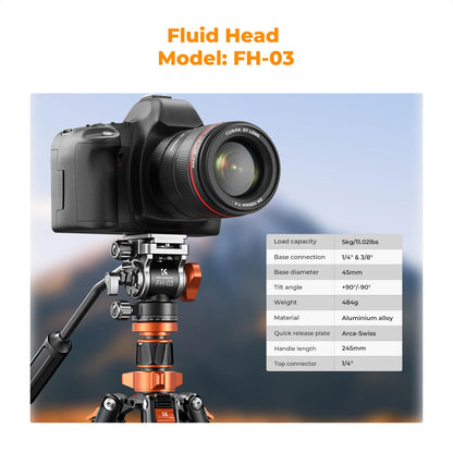 K&F Concept 83-Inch Aluminium Video Tripod with Fluid Head