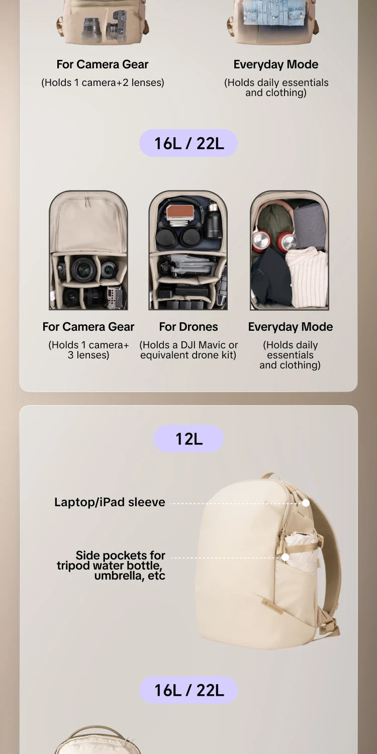 PGYTECH OneGo Lite Camera Backpack 12L/16L/22L