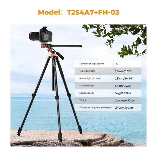 K&F T254A7 231cm Fluid Head Tripod with Transverse Column