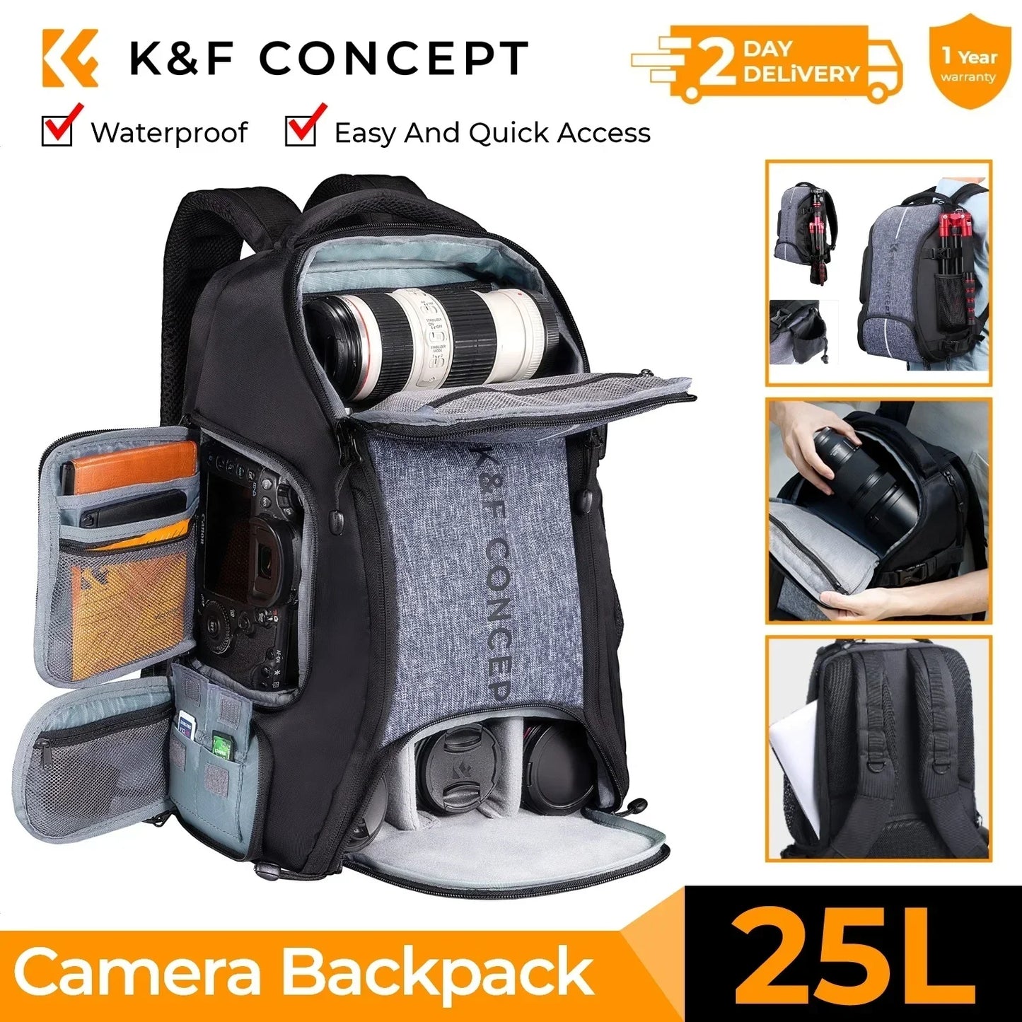 K&F Concept 25L/32L Large Camera Backpack with 15-Inch Laptop Compartment