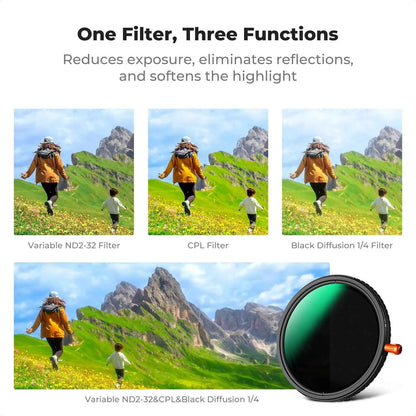 K&F Concept 3in1 ND2-32+CPL+Black Diffusion 1/4 Multi-Function Polarized Variable ND Black Mist Filter 37/49/52/58/67/72/77/82mm