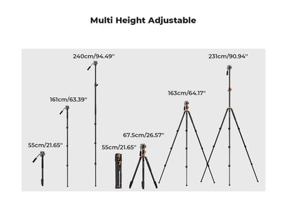 K&F T254A7 231cm Fluid Head Tripod with Transverse Column