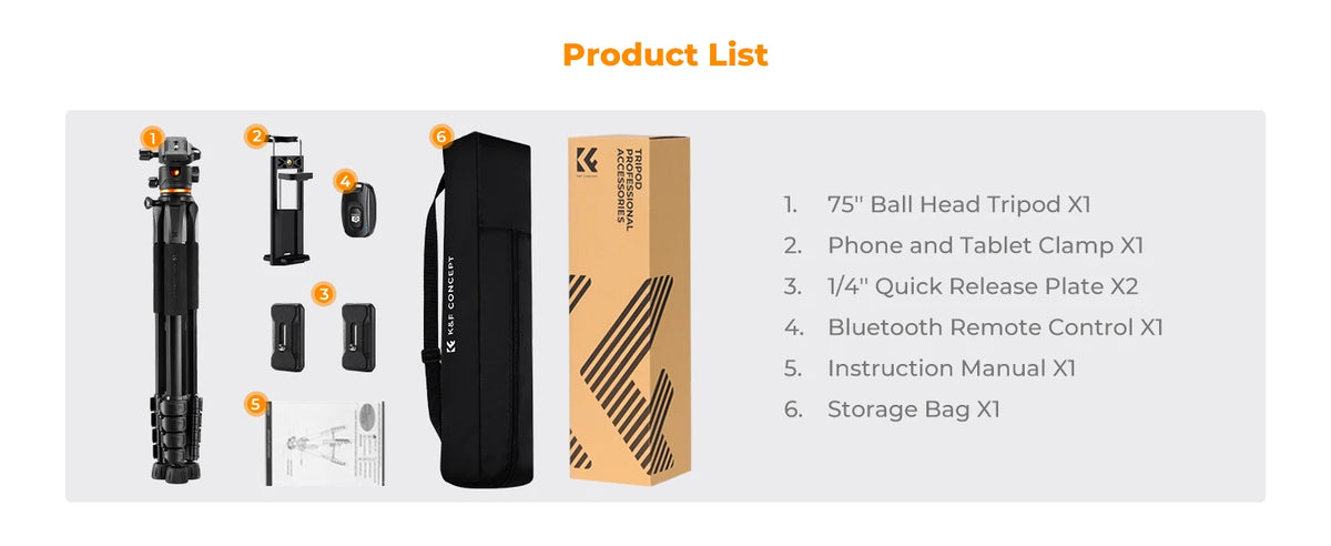 K&F S255A3 190cm Camera Tripod with Phone Clip and Remote