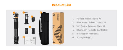 K&F S255A3 190cm Camera Tripod with Phone Clip and Remote