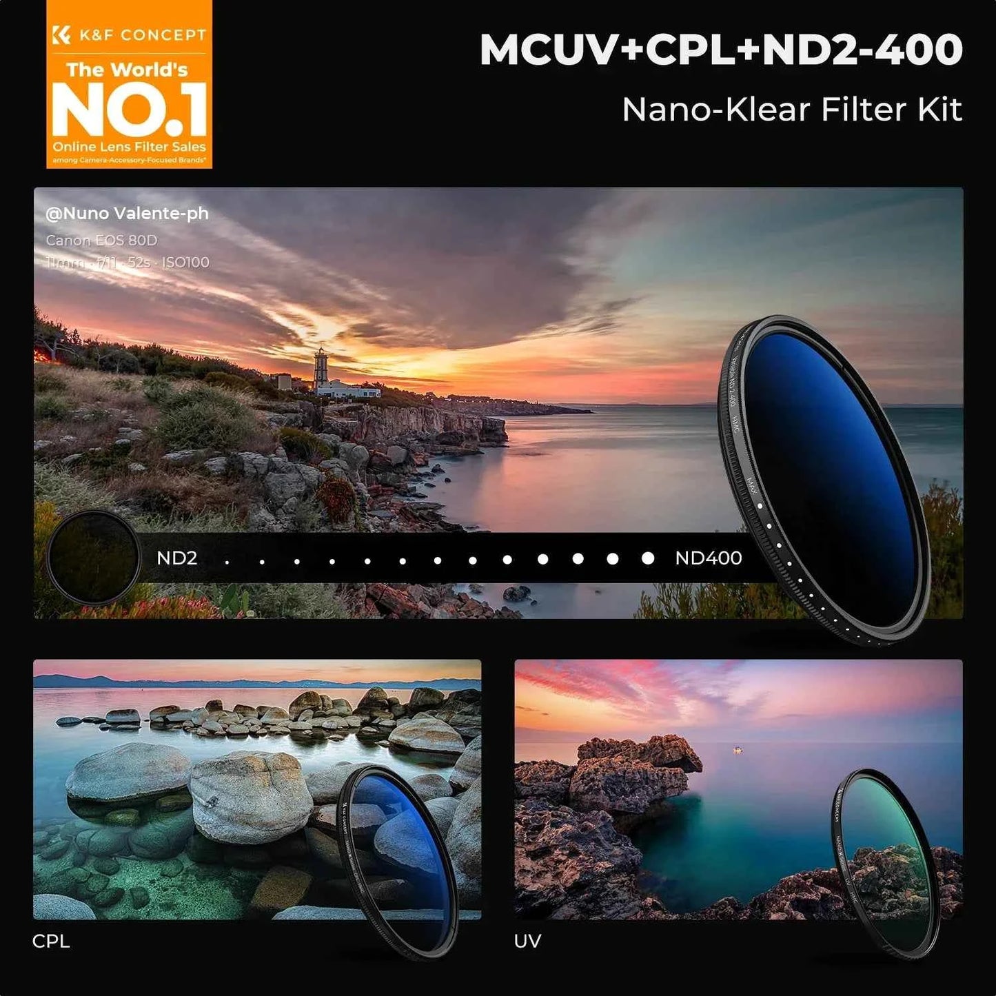 K&F CONCEPT K Series 49-82mm Filters UV/CPL/ND2-400/Black-Mist 1/4 Cap Clean Cloths Camera Lens Filter Set for Nikon Canon Leica