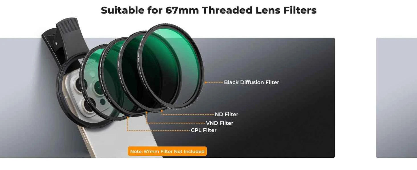 K&F Concept 67mm Phone ND Filter ND2-32 CPL Filter 1/4 1/8 Black Pro Mist Filter Clip-on for iPhone Mobile Smart Phone Camera