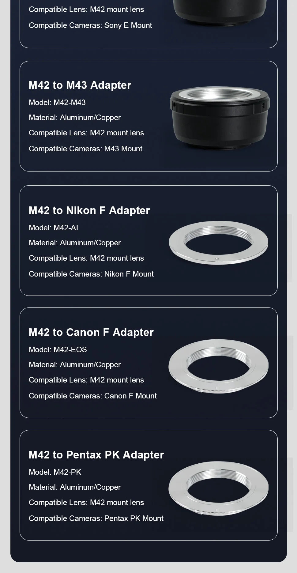 M42 Screw Lens Adapter for Mirrorless and DSLR Cameras