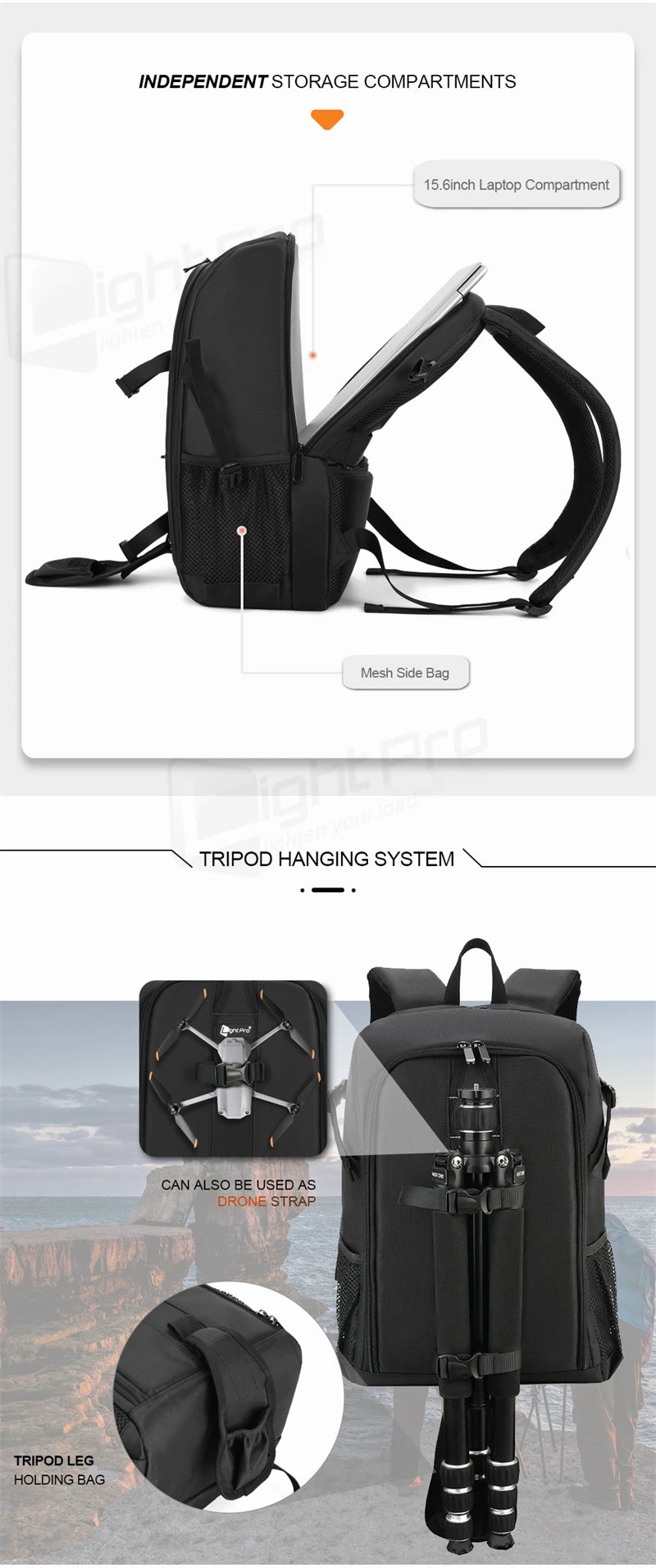 Large Capacity DSLR Camera Backpack with 15.6 Inch Laptop Compartment
