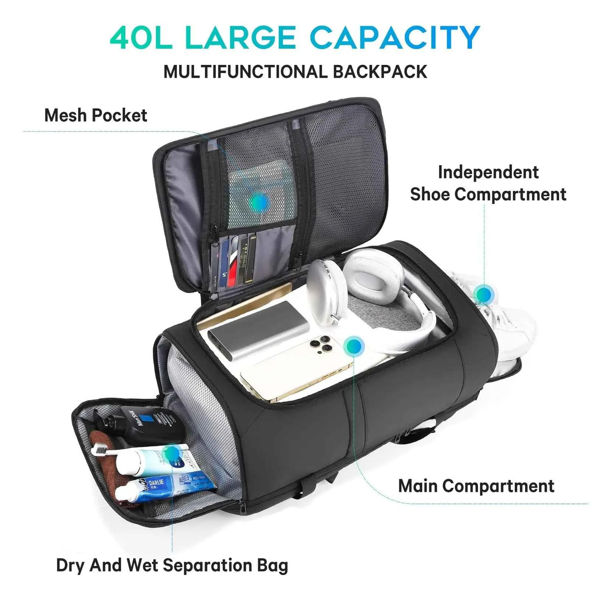 BANGE Large Travel Backpack with Shoe Compartment