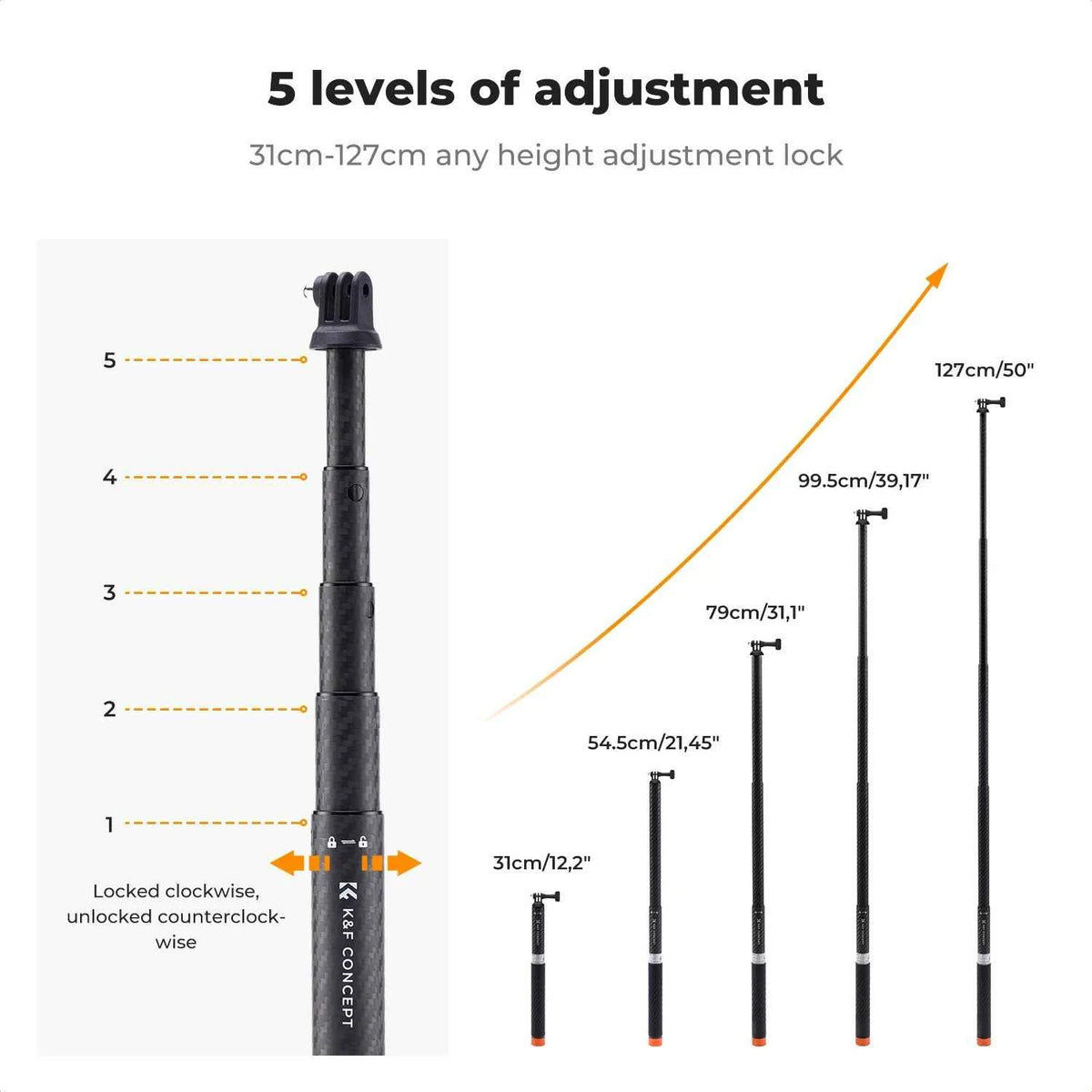 K&F MS22 127cm Invisible Selfie Stick for Action Cameras