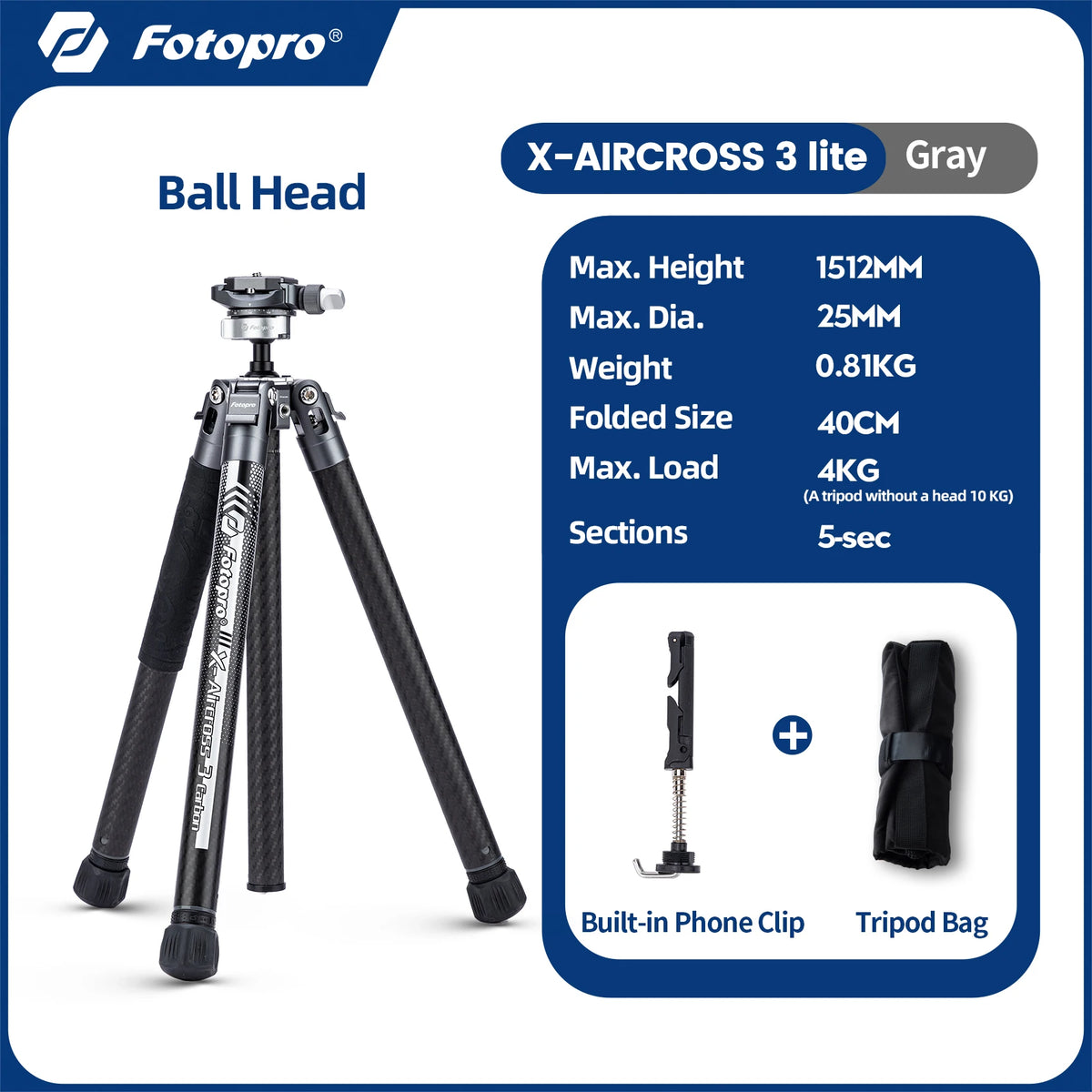 Fotopro X-Aircross 3 Carbon Fibre Travel Tripod