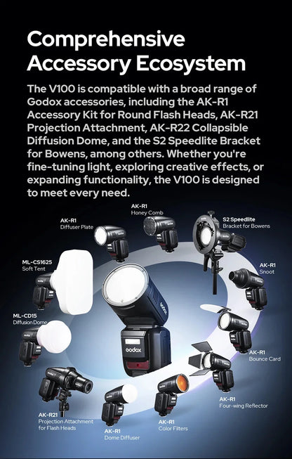 Godox V100 100Ws TTL Round Head Camera Flash