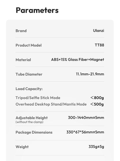 Ulanzi TT88 1.44m Overhead Phone Tripod with Magnetic Clamp