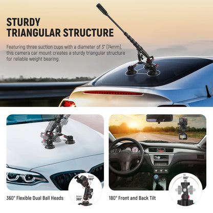 NEEWER Triple Suction Cup Car Mount Kit for Action Cameras