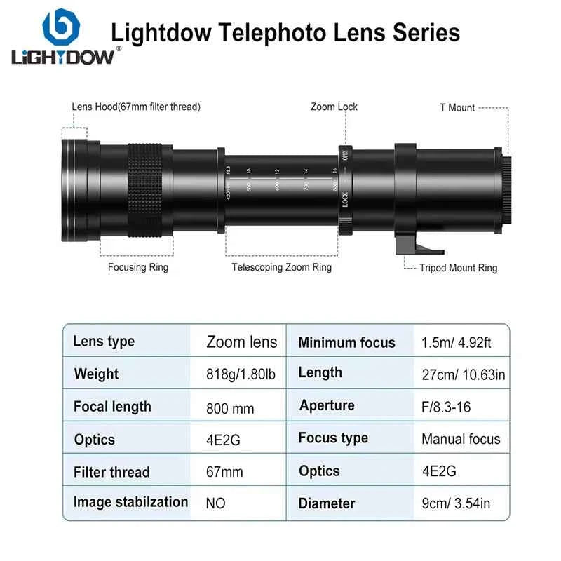 Lightdow 420-800mm f/8.3-16 Manual Super Telephoto Lens