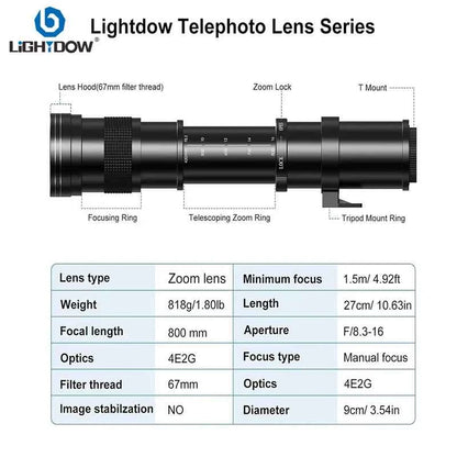 Lightdow 420-800mm f/8.3-16 Manual Super Telephoto Lens