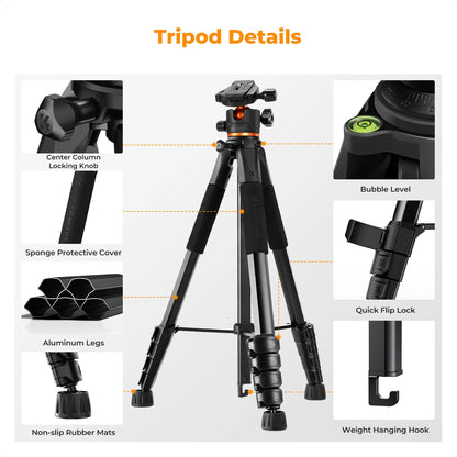 K&F 190cm Travel Camera Tripod with Phone Holder