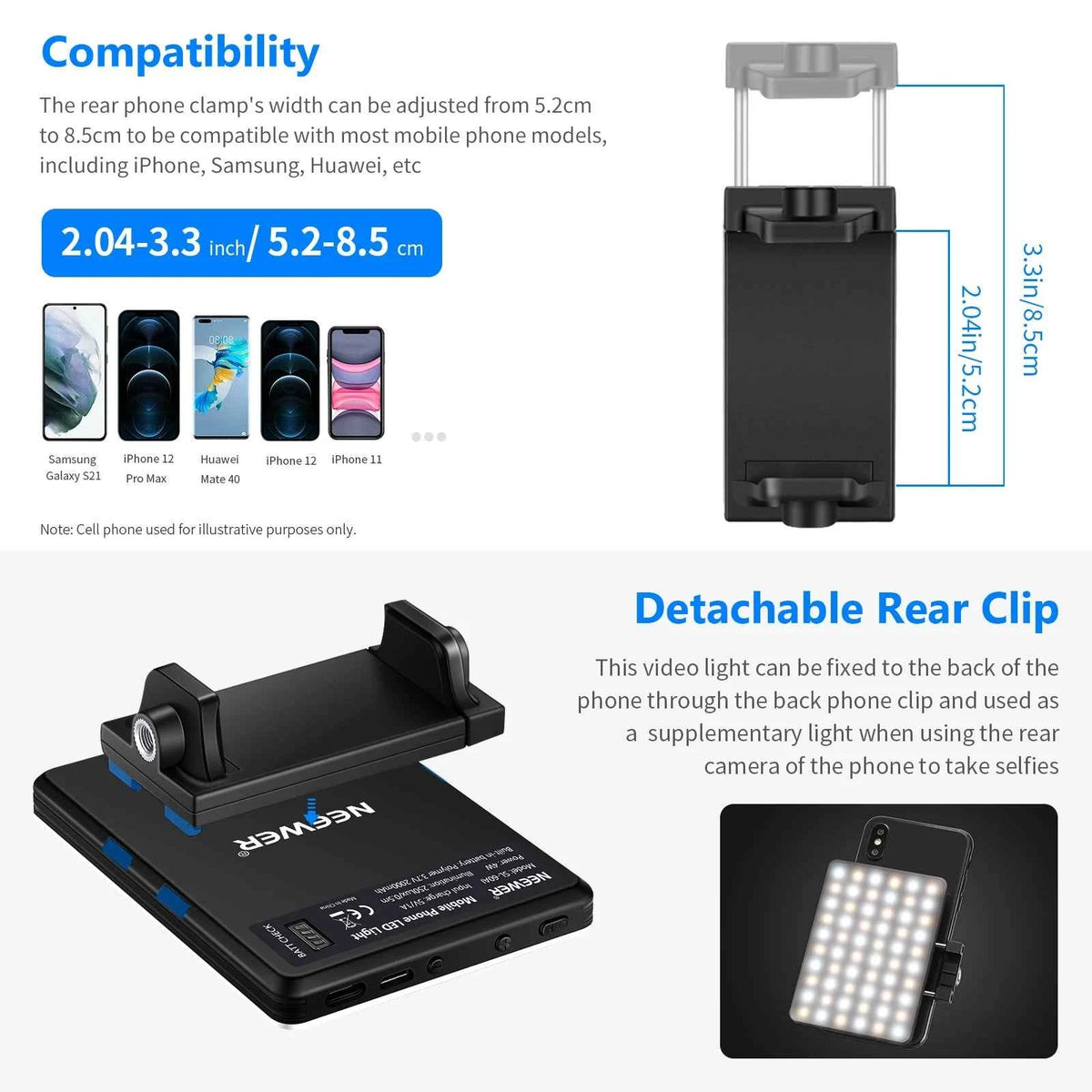NEEWER Rechargeable Selfie Light with Front and Back Phone Clip