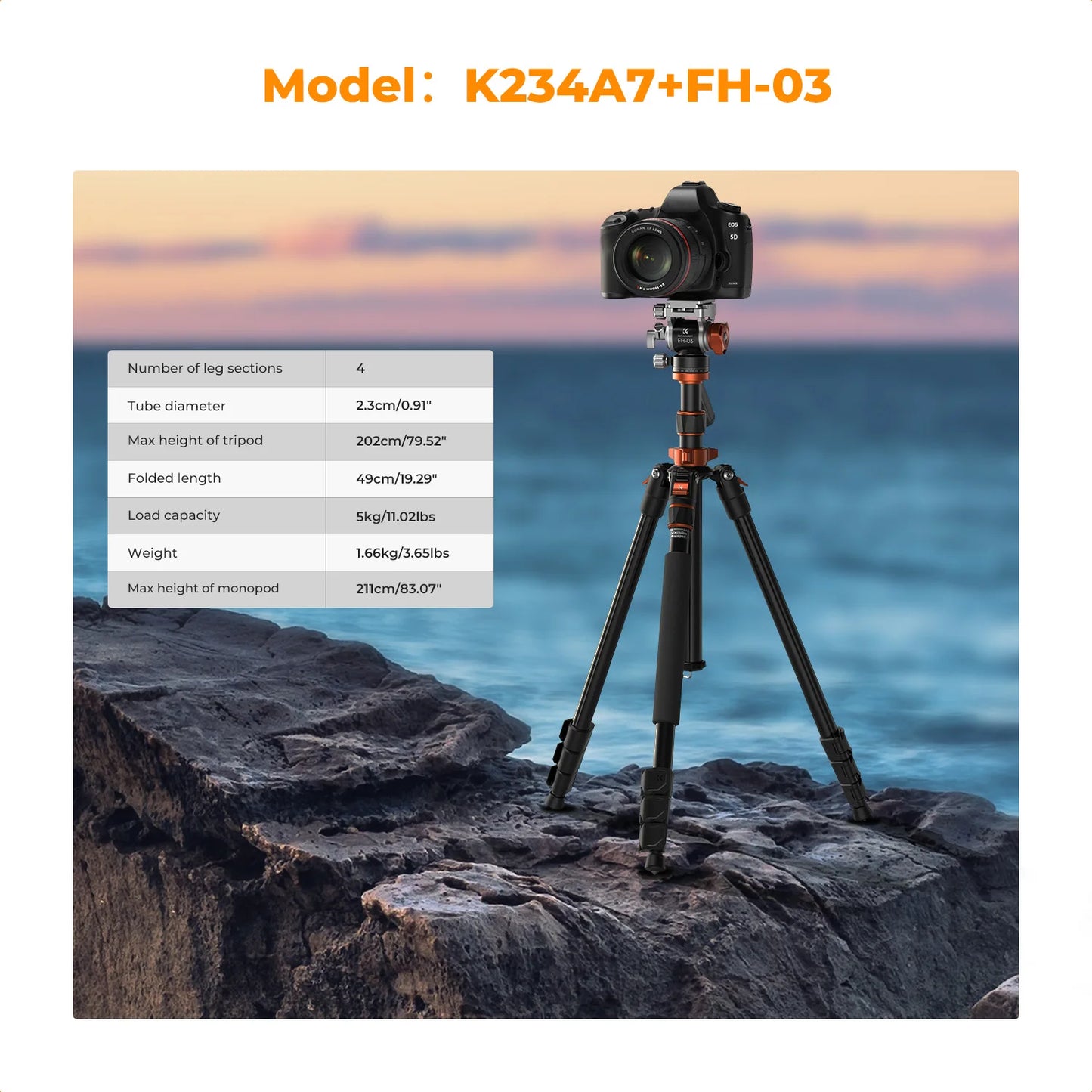 K&F Concept 83-Inch Aluminium Video Tripod with Fluid Head