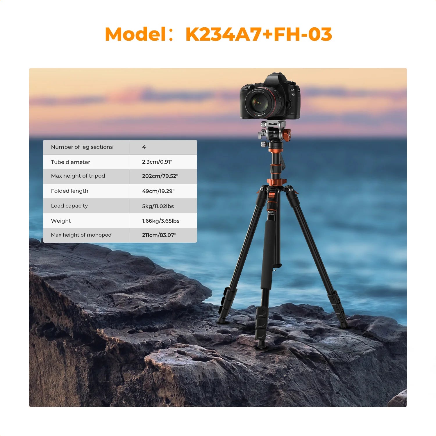K&F Concept 83-Inch Aluminium Video Tripod with Fluid Head