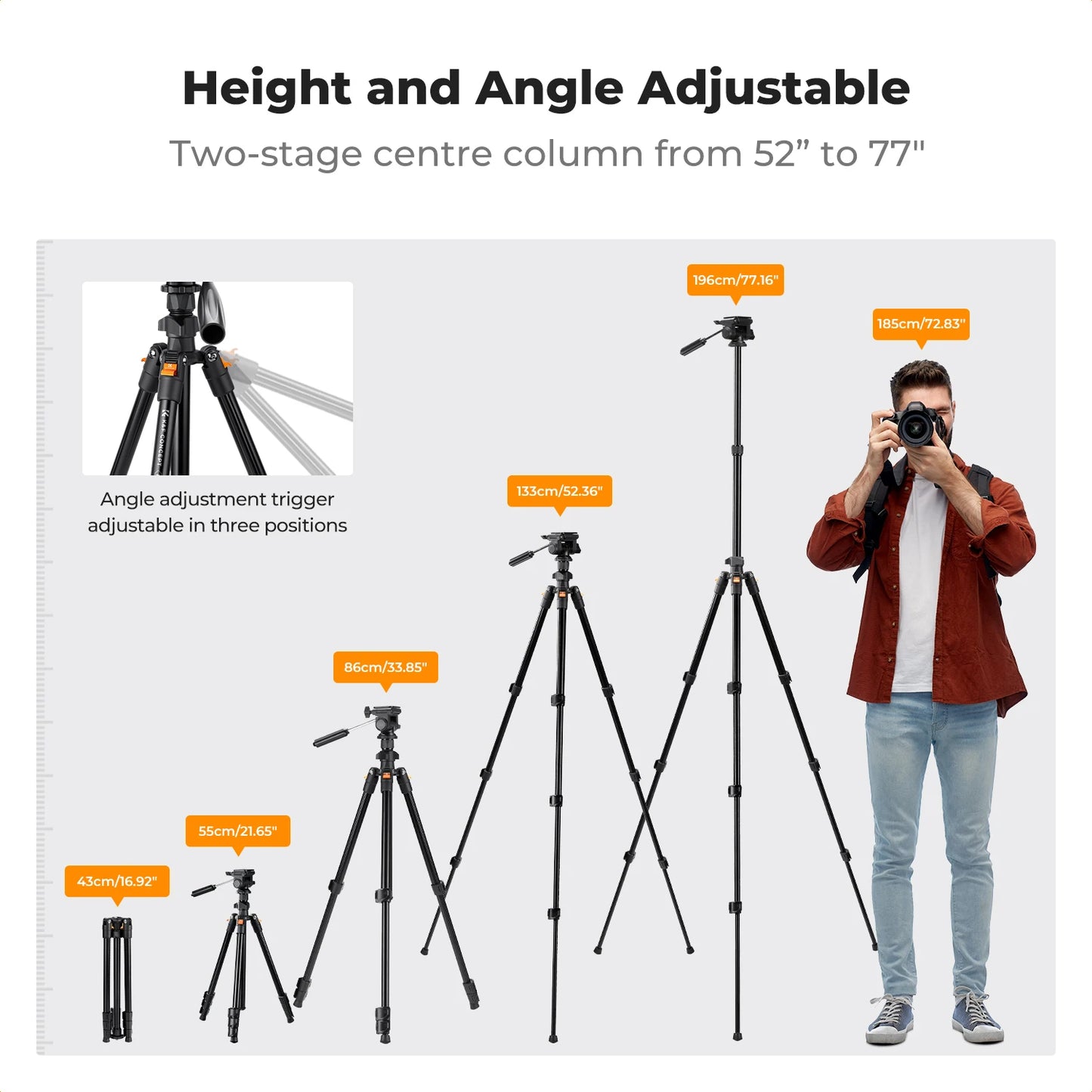 K&F 196cm Camera Tripod with 3-Way Head