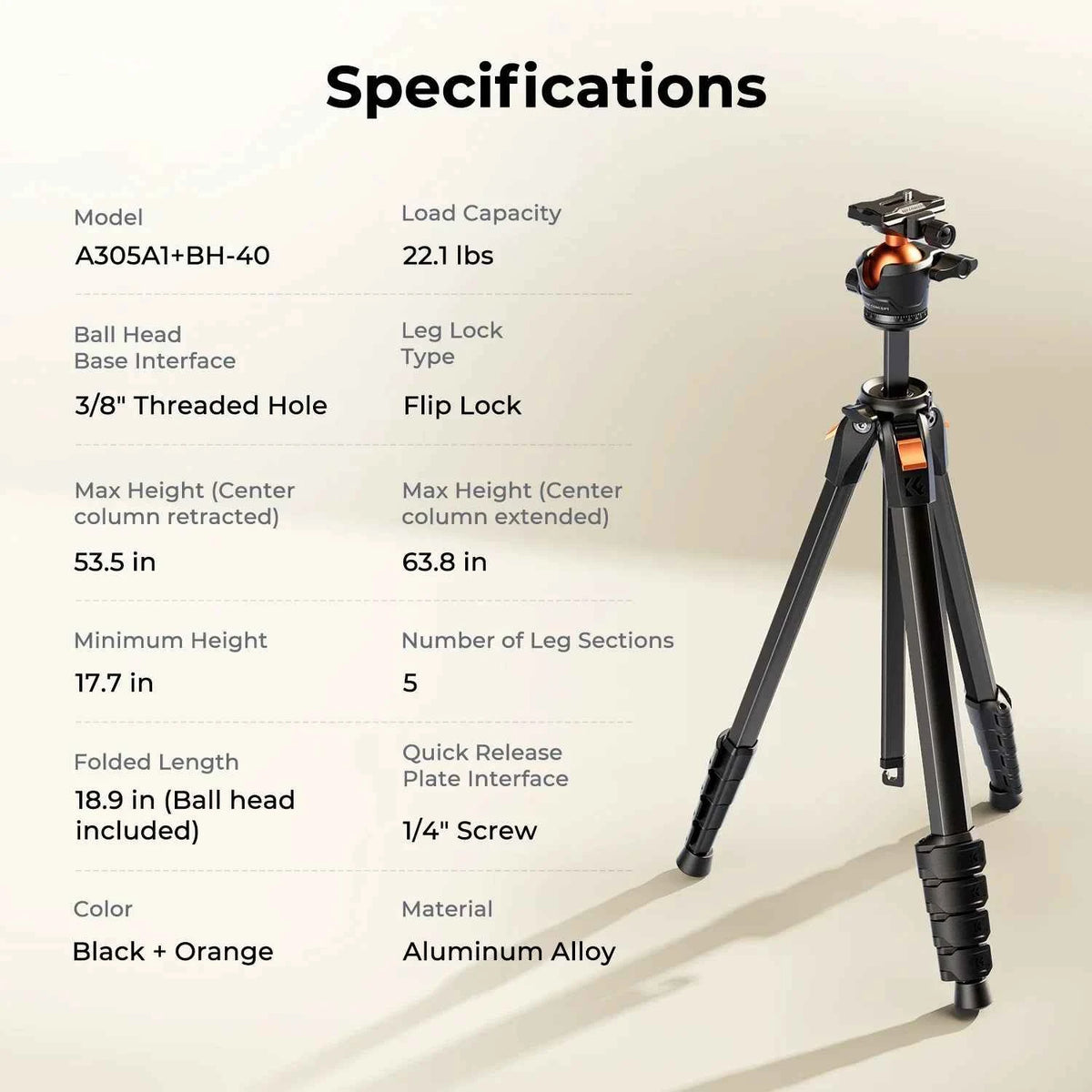 K&F A305A1 63 Inch Aluminium Tripod with Arca-Compatible Ball Head