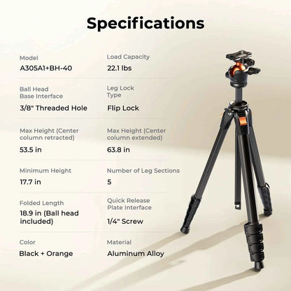 K&F A305A1 63 Inch Aluminium Tripod with Arca-Compatible Ball Head