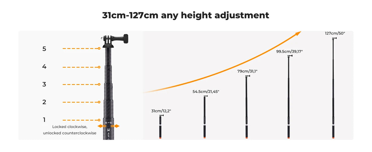 K&F MS22 127cm Invisible Selfie Stick for Action Cameras