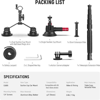 NEEWER Triple Suction Cup Car Mount Kit for Action Cameras
