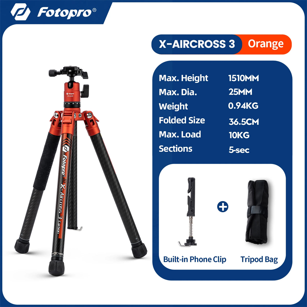 Fotopro X-Aircross 3 Carbon Fibre Travel Tripod