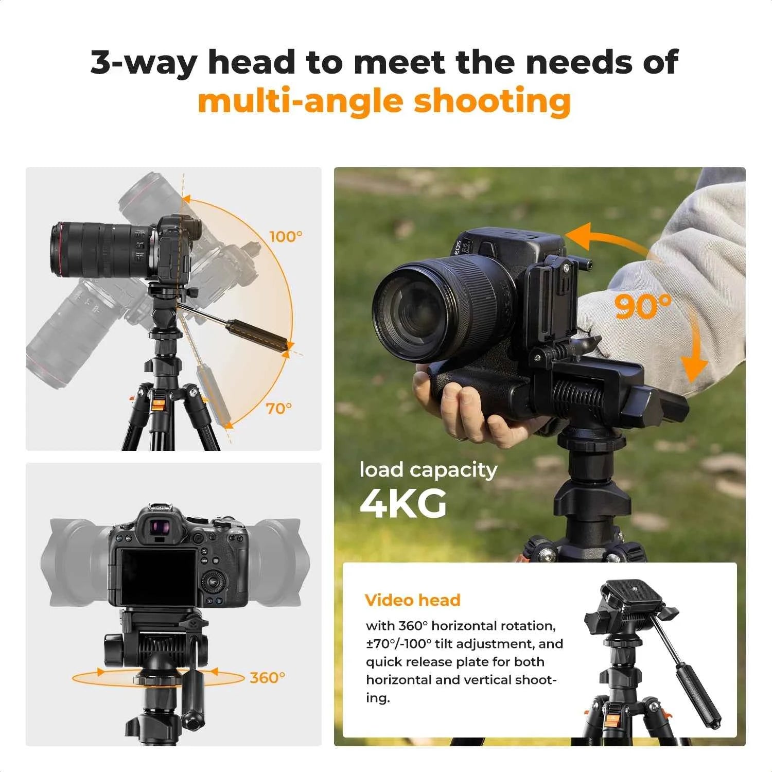 K&F CONCEPT 196cm Camera Tripod 3-Way Head Aluminum Lightweight Video Tripod for DSLR & Smartphone Cell Phone Holder O234A5+BV01
