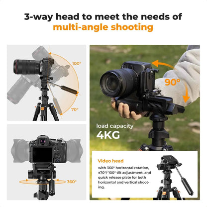 K&F CONCEPT 196cm Camera Tripod 3-Way Head Aluminum Lightweight Video Tripod for DSLR & Smartphone Cell Phone Holder O234A5+BV01