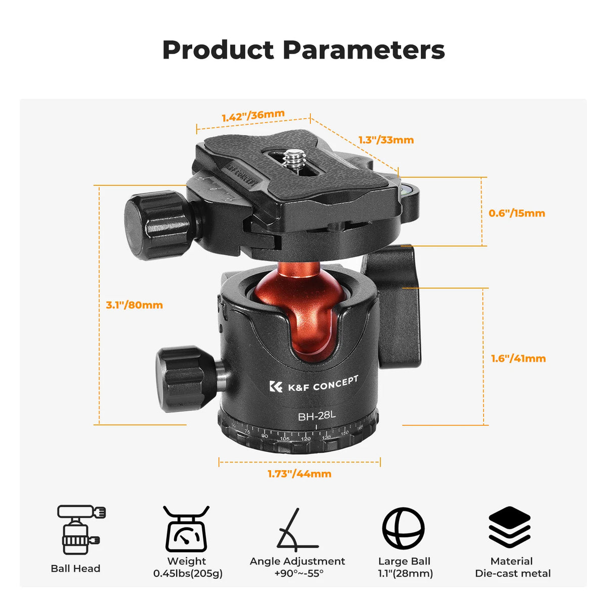 K&F 10kg Metal Tripod Ball Head with Quick Release Plate